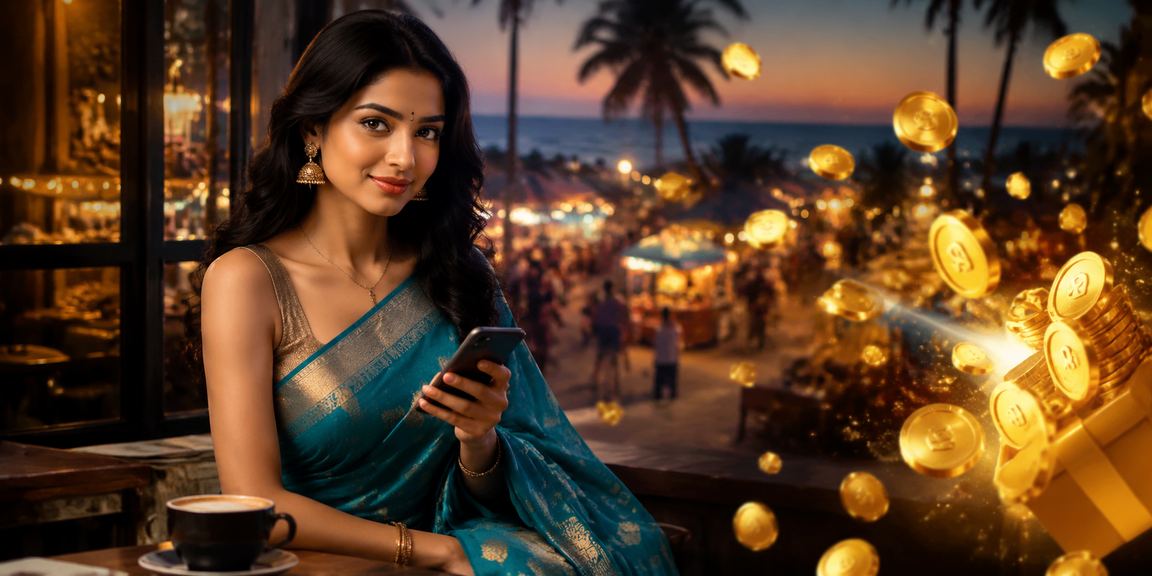 Player enjoying Andar Bahar game on mobile at Goa beach